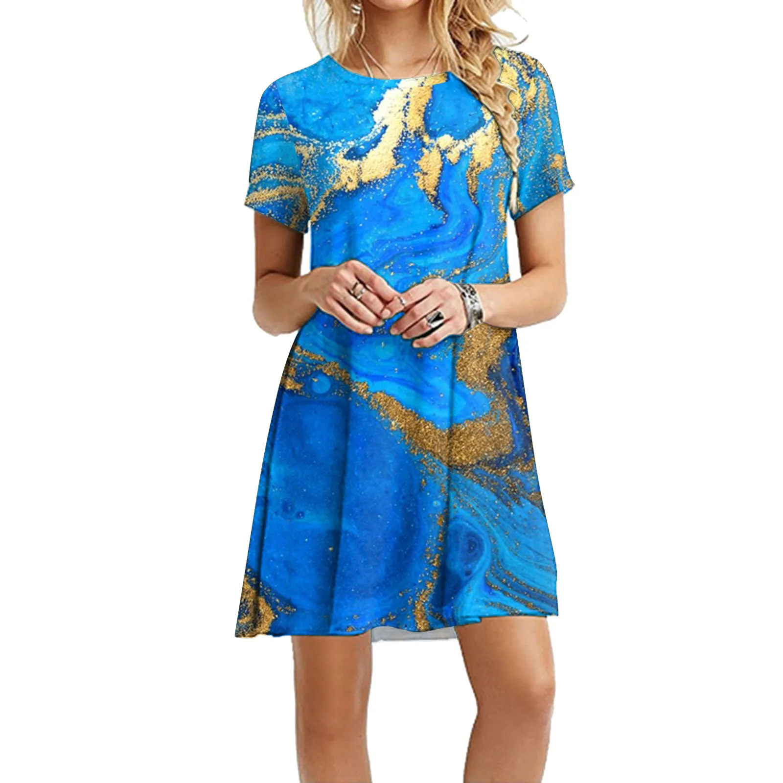 

Women Summer Casual Round Neck Tunic Dress Short Sleeve Mini Beach Dresses Plain Ruched Printed Polyester Skirt Medium Length