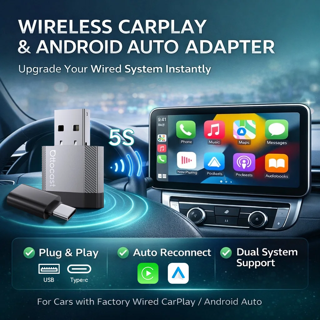

Беспроводной адаптер Ottocast Mini Nova для CarPlay и Android Auto 2-в-1, USB-донгл, Plug & Play, автоматическое повторное подключение, быстрое и стабильное соединение
