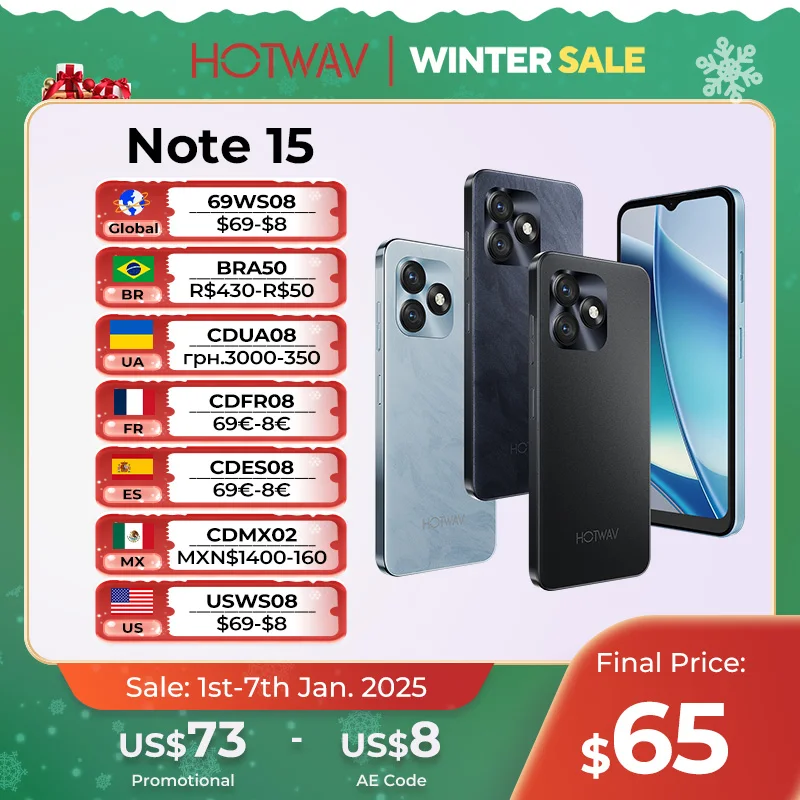 HOTWAV Note 15 Ультратонкий смартфон 6,6 дюйма HD + ОС Android 14 8 (4 + 4) ГБ + 64 ГБ Восьмиядерный мобильный телефон 13 МП 5160 мАч Мобильный