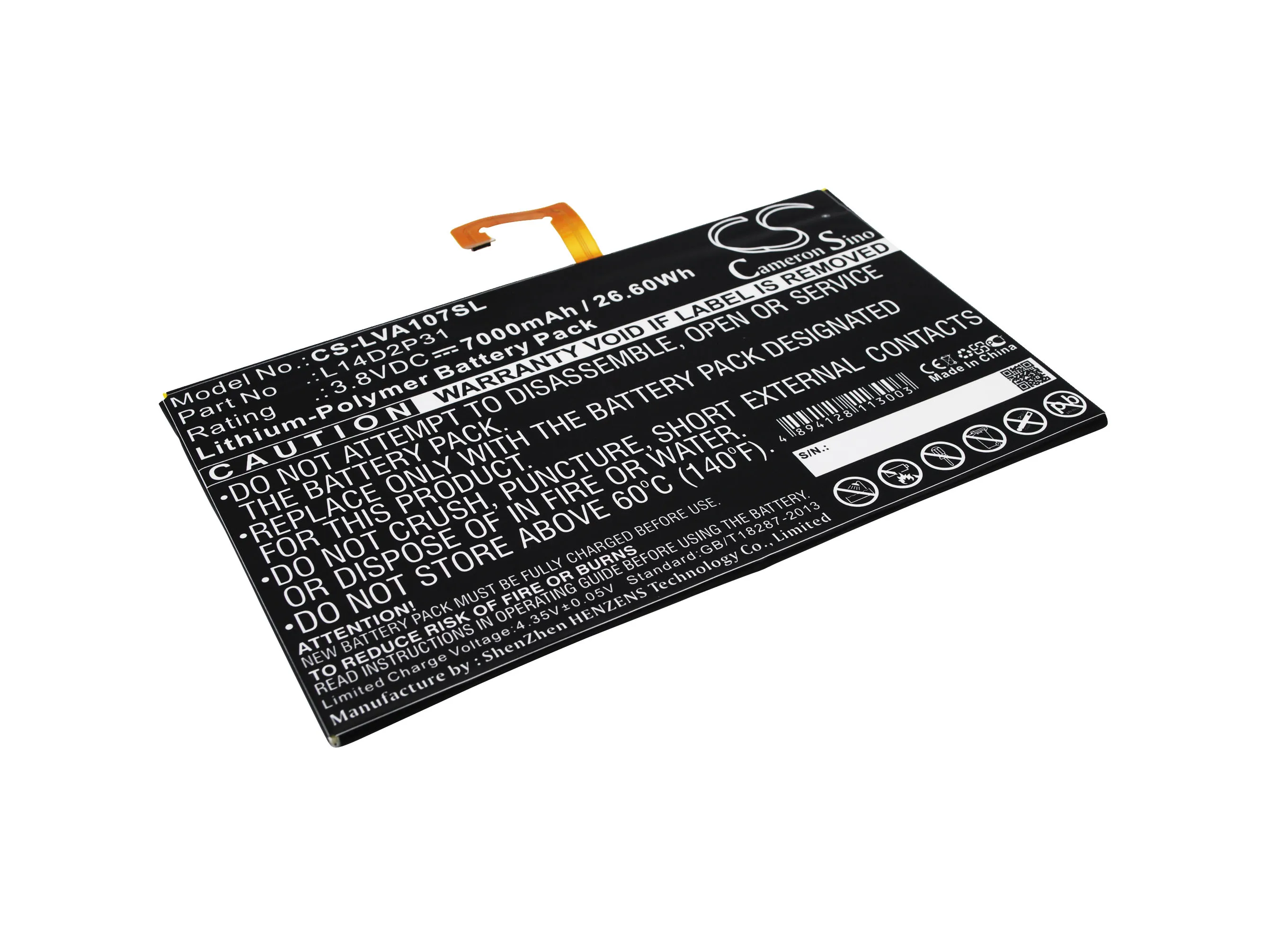 

Cameron Sino Battery For Lenovo L14D2P31 A10-70,A10-70F,A10-70L,A10-70LC,Tab 2 A10-30,Tab 2 A10-30F 7000mAh / 26.60Wh