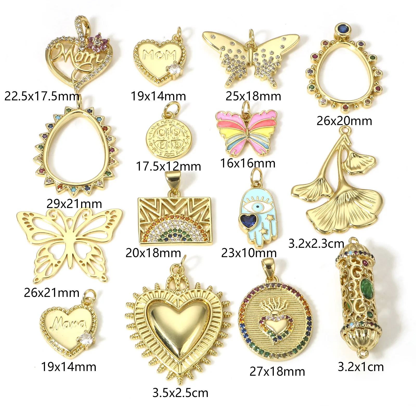 1pc New Copper Charms Gold Color Heart Mom Butterfly Multicolor Rhinestone Pendant DIY Necklace Earrings Women Jewelry Findings