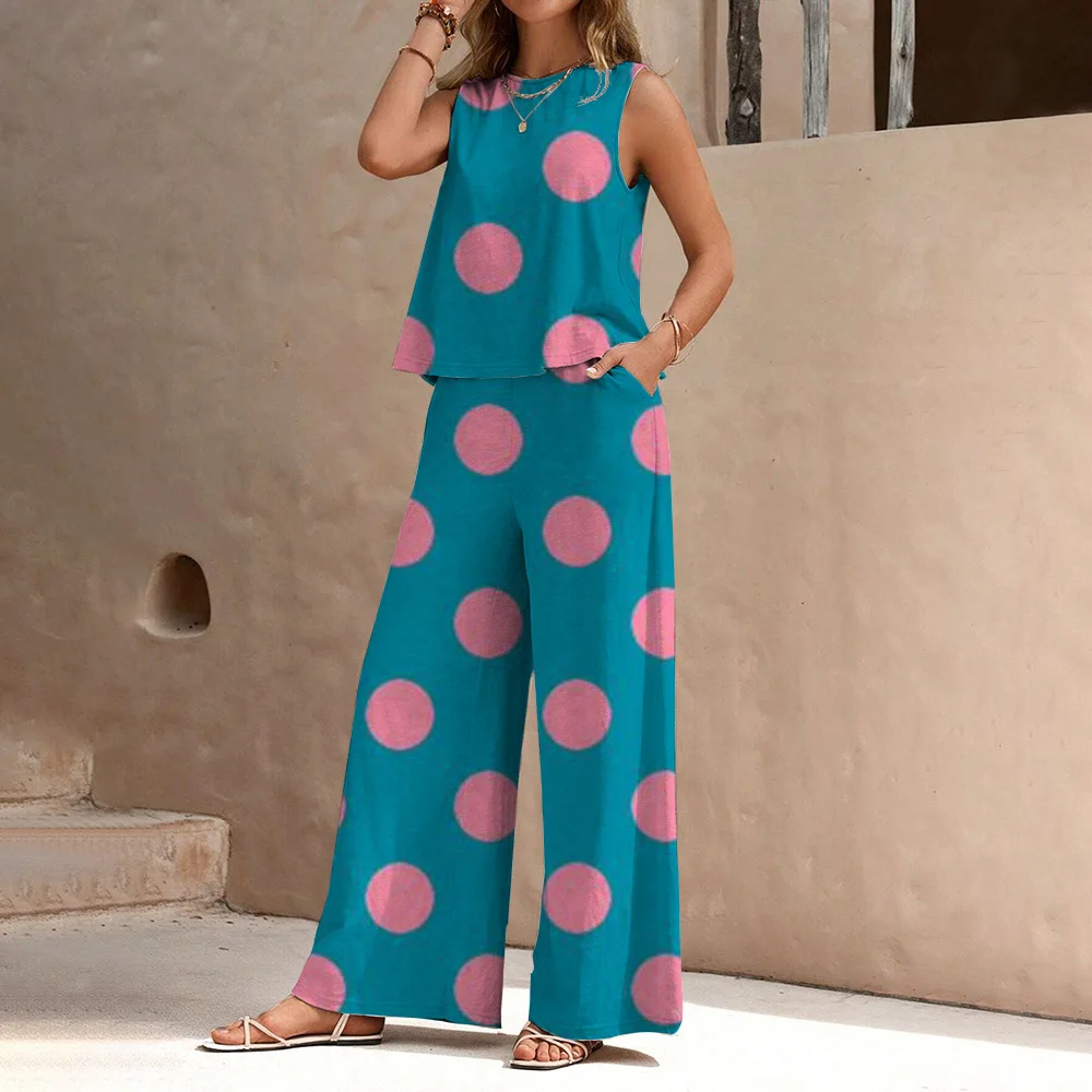 Summer Polka Dot Print Casual Pants Suit Crew Collar Sleeveless Vest Wide Leg Pants Suit Spring Summer Women 2024 New Model