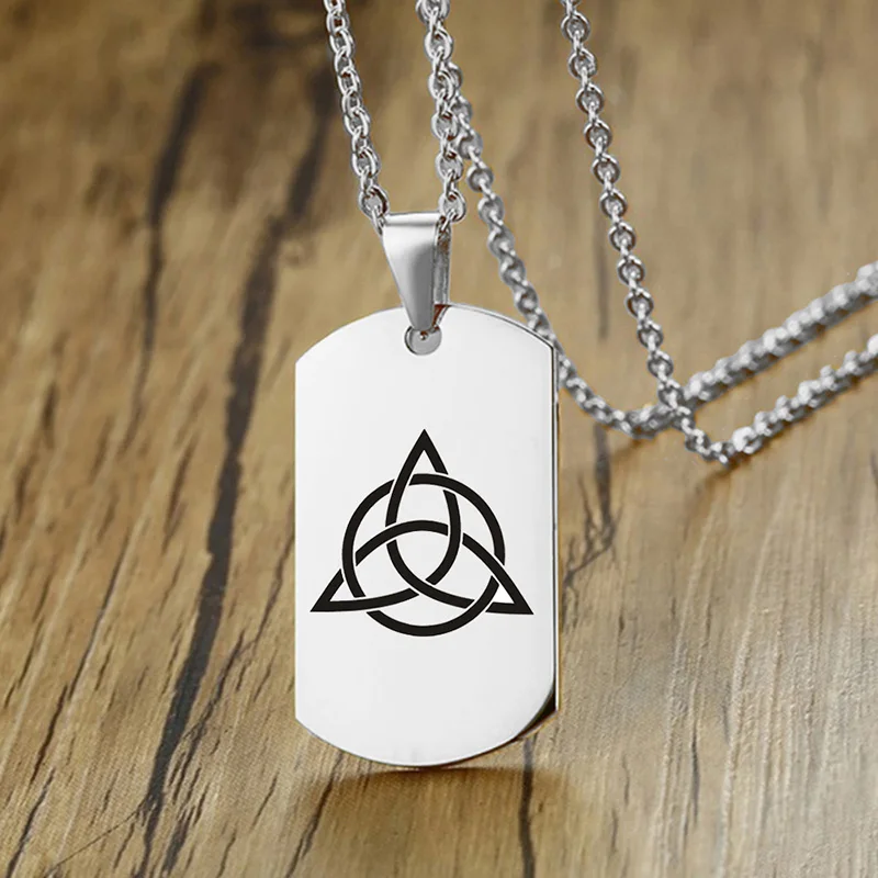 Classic Stainless Steel Irish Celtic Knot Necklace Engraved Geometric Witch Knot Dog Tags Necklaces for Men Women Ethnic Jewelry