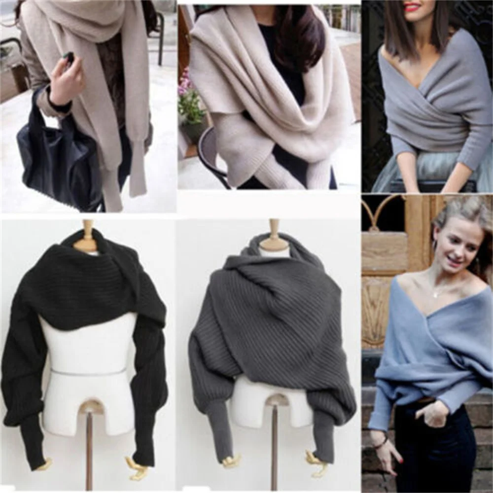 5 Colors Knitted Sweater Tops Casual Shawl Women Long Scarf With Sleeves Wool Knitted Scarves Women Thick Warm Cardigan Outdoor