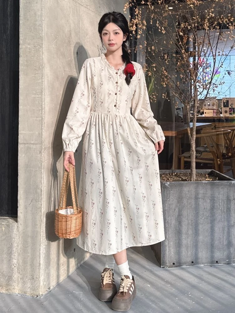 Women Floral Corduroy Dress Sweet Style Spring Autumn Long Sleeve Maxi Dress Round Neck Lace Trim Patchwork Loose Fit Casual