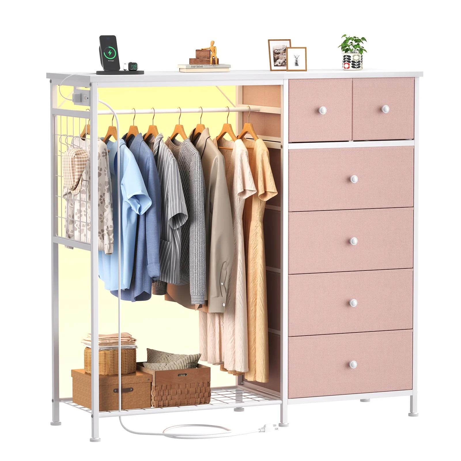 Portable Closets Dresser with Hanging Rack & Charging Station - 6-Drawer Freestanding Wardrobe Suitable for Bedroom,Space-Saving