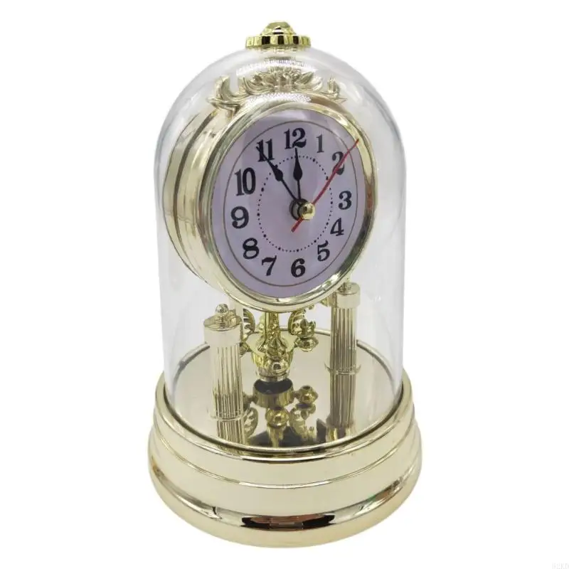 62KD European Retro Table Clock Antique Round Quiet Alarm Clock Desk Clock with Clear Clock Cover for Bedroom Home Decors