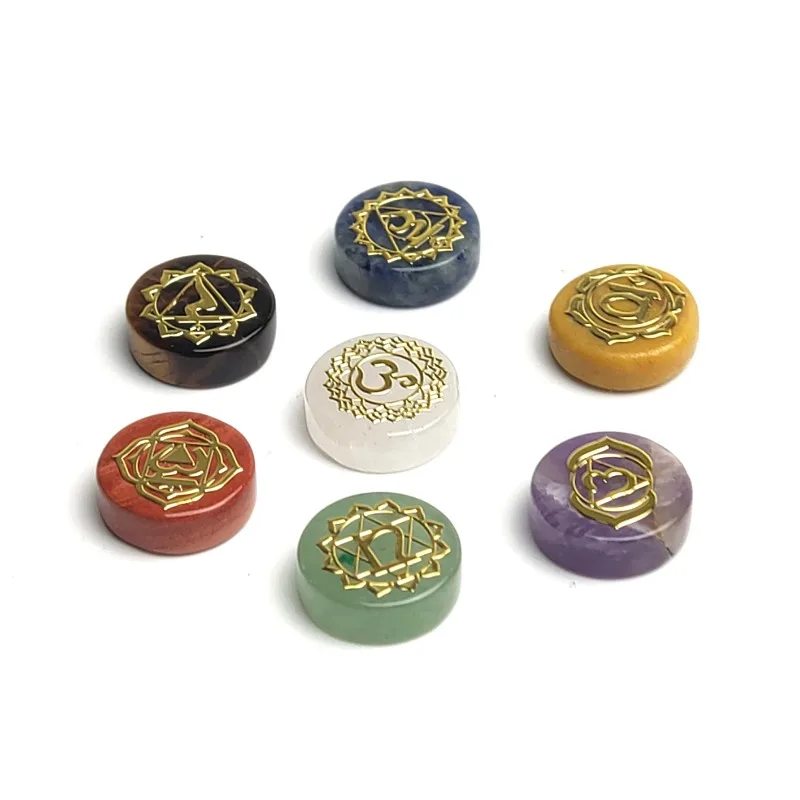 Mini Size Natural Round Semi-precious Stones Printing Holistic Balancing Chakra Symbols Set