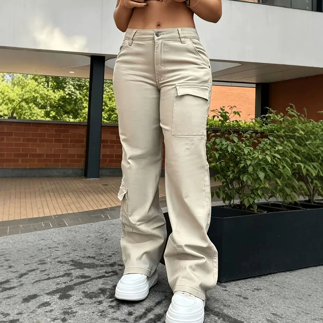 Women's Rice Apricot Loose Casual Cargo Pants Retro Multi-pocket Overalls Straight Pants