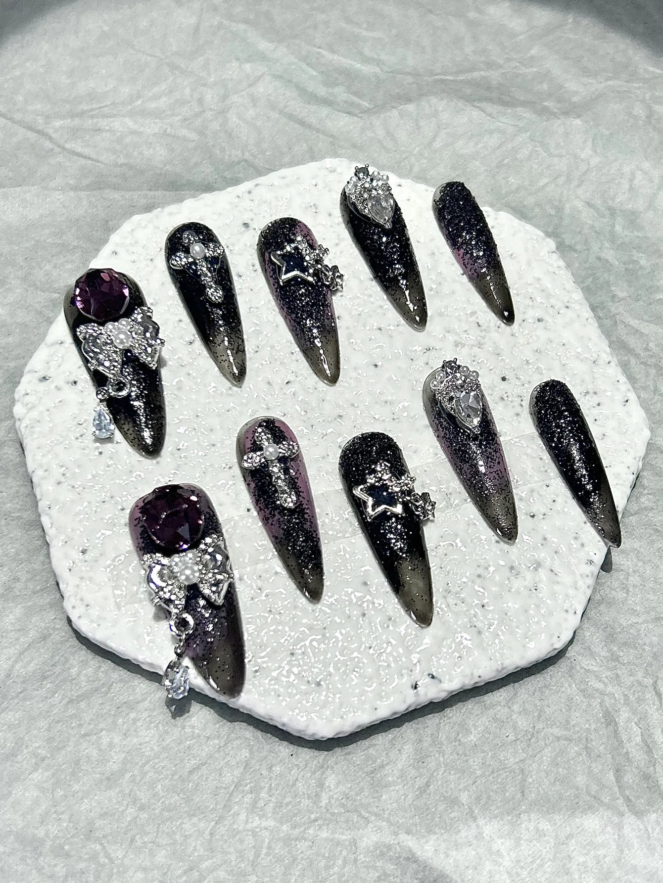 10 pièces de luxe dégradé épices filles noir violet à la main presse sur les ongles arc étoile croix diamant faux ongles amovibles réutilisables
