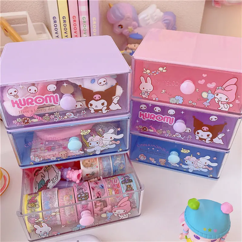 

Kawaii Desktop Mini My Melody Cinnamoroll Kuromi Stacked Drawer Storage Box Cute Anime Tape Accessories Storage Girl's Gift Toys