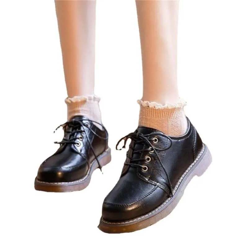 

New Black Retro Women Leather Single Shoes Autumn Lace Up with Skirt Shoes low-heel Women Shoes Luxury Designer Shoes Large size