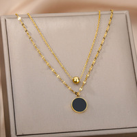 Black Round Pendant Necklaces For Women Stainless Steel Double Layer Hollow Clavicle Chain Collar Necklace Wedding Punk Jewelry