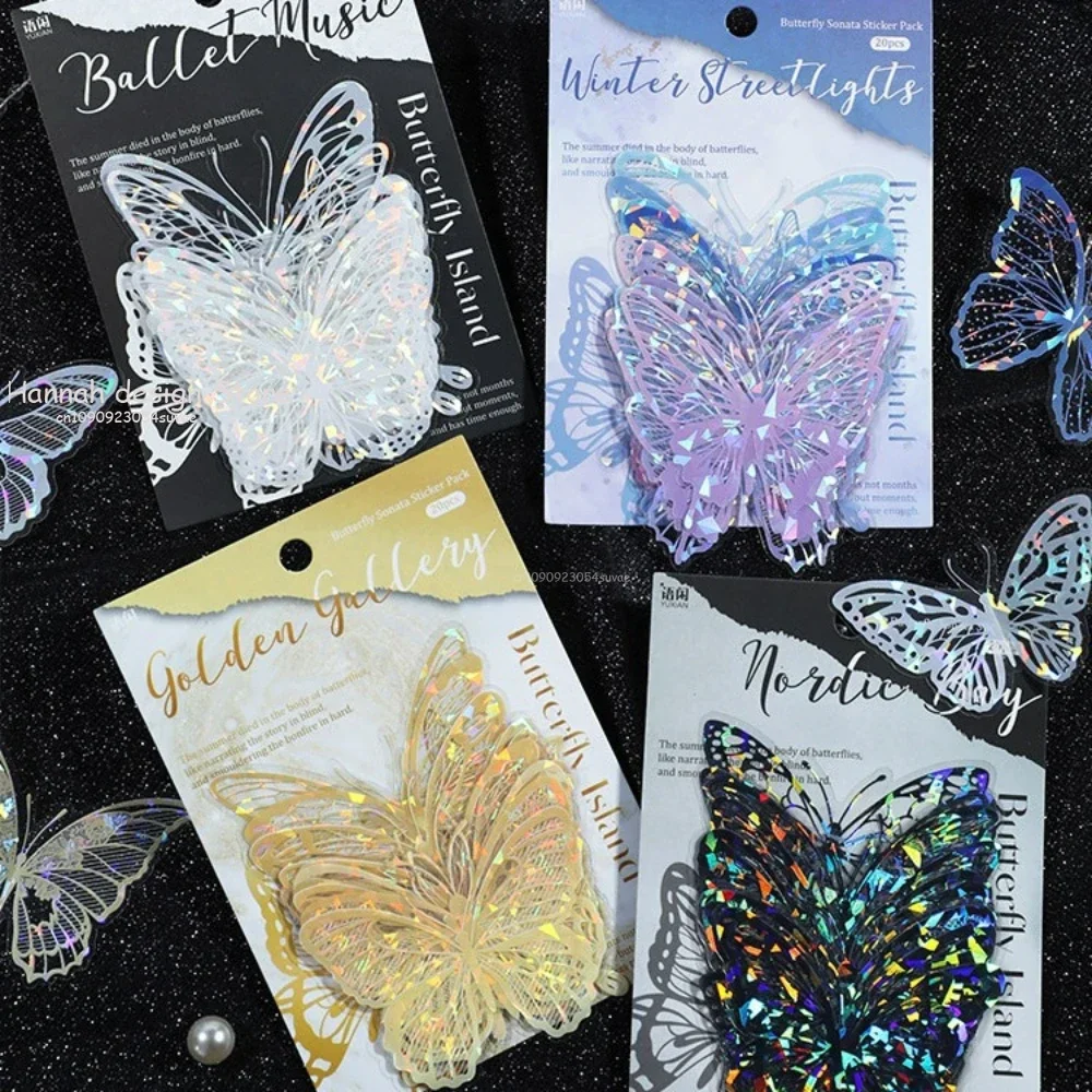 20 pcs Laser flash Hollow out Butterfly Stickers DIY Decorative collage Scrapbooking Material handmade Junk Journal Supplies