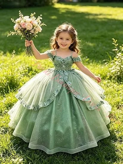 Gorgeous Quality Green TUlle Fluffy Exquisite Applique Flower Girl Dress for Wedding Birthday Party First Communion Gowns