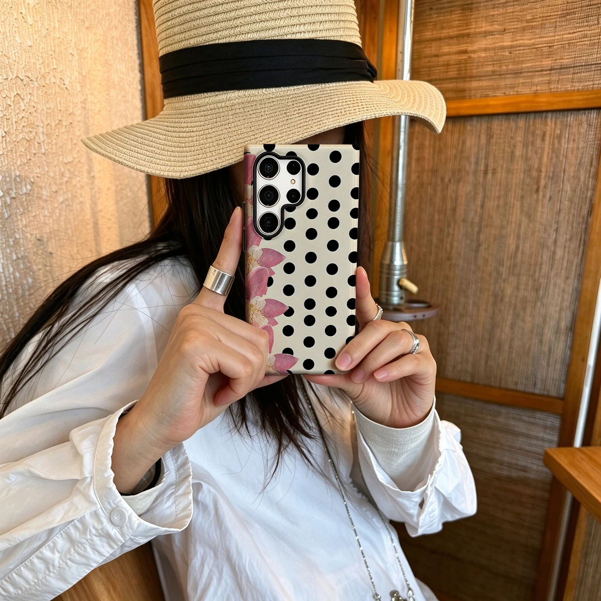 Pink Flowers Black Dots Hard Shock-Absorption Phone Case For Samsung Galaxy S26 S25 Ultra S24 S23 Plus 2-in-1 Protective Cover