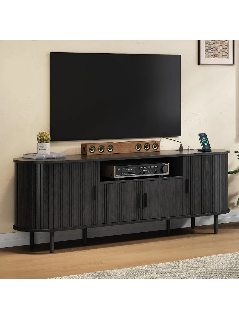 69" Fluted TV Stand w/Power Outlet for TVs up to 80 Inch, Black, Customized view 2