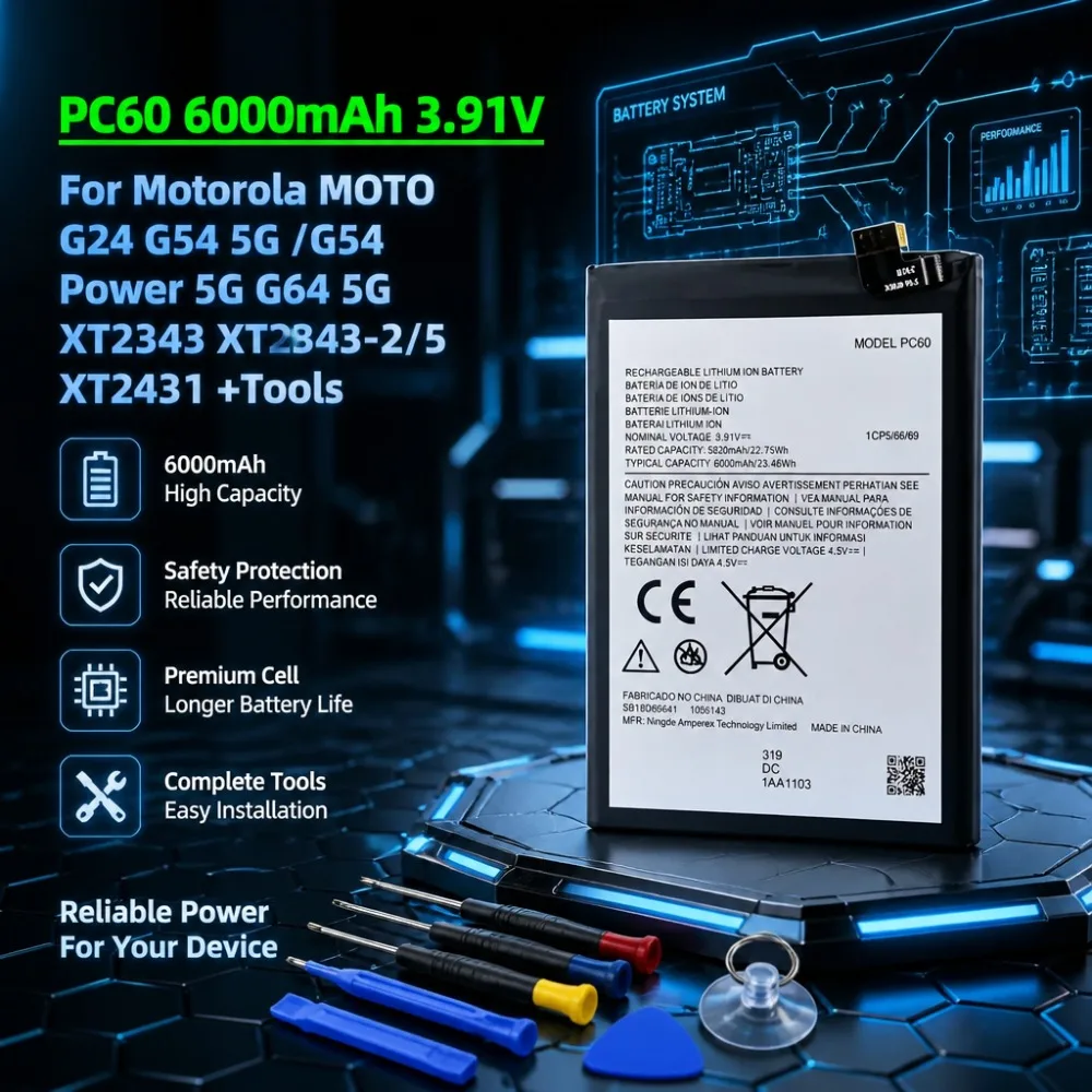 Hot Sale New PC60 6000mAh 3.91V Phone Battery for Motorola MOTO G24 G54 5G /G54 Power 5G G64 5G XT2343 XT2343-2/5 XT2431 +Tools