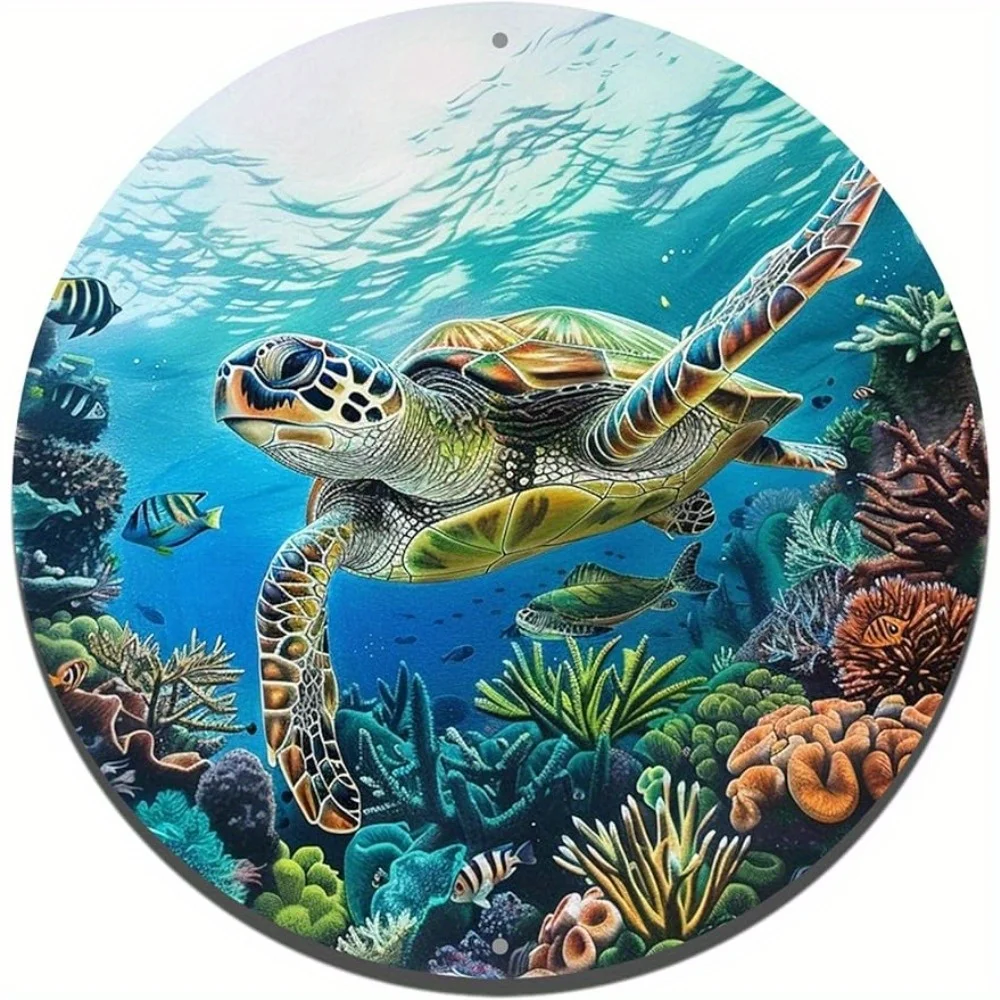 Round Aluminum Flat Sign, Sea Turtle Themed Decoration, Office Room, Home Door Decorations, Ocean Animal Wall Art, Plaque