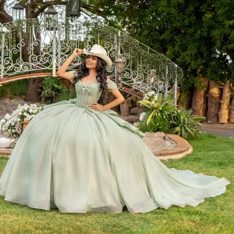 

Customized Shiny Mint GreenQuinceanera Dresses Off the Shoulder crystal applique Long tail Bow Vestido 15 Quinceanera