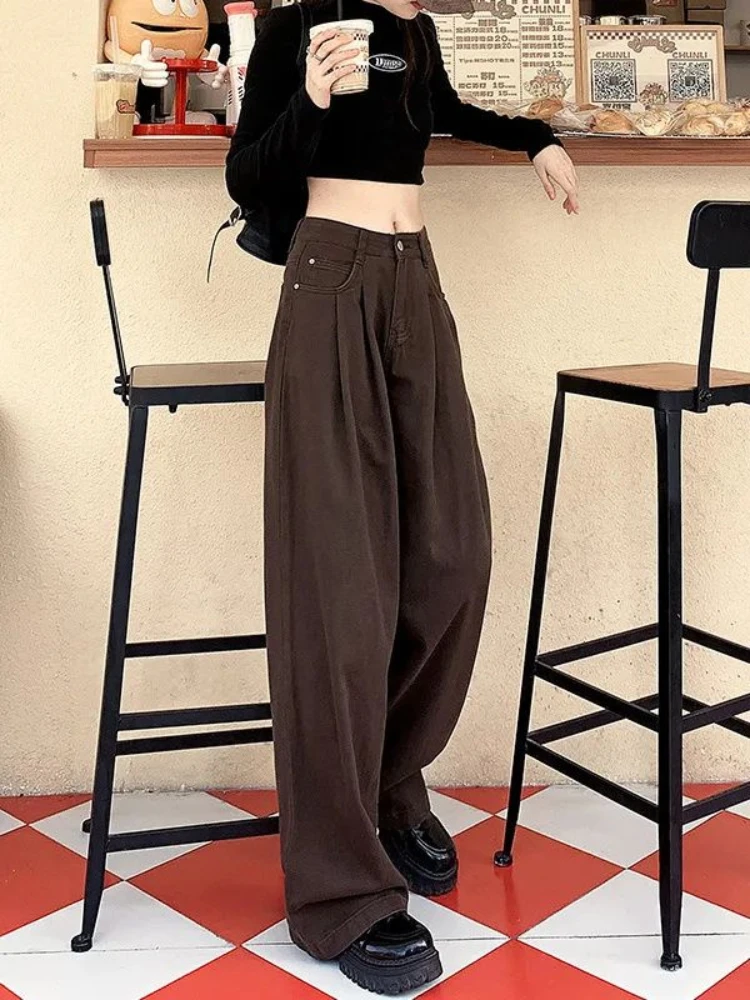 Jeans Women American Retro High Waist Wide-leg Baggy Straight Drapey Pleated Autumn Stylish Design Floor-length Denim Trousers