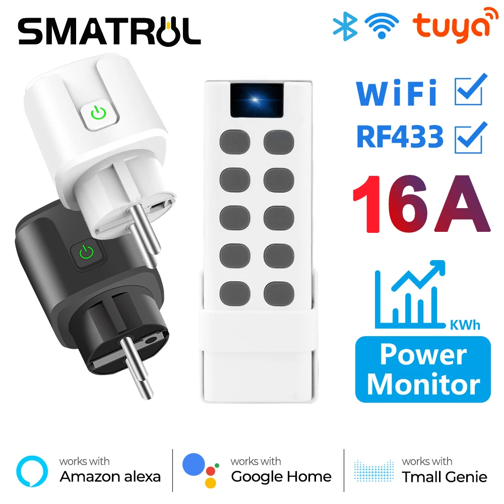 

Tuya WiFi RF433 EU Smart Розетка 16A Адаптер Монитор питания Беспроводной пульт дистанционного управления Голосовой таймер для Google Home Alexa