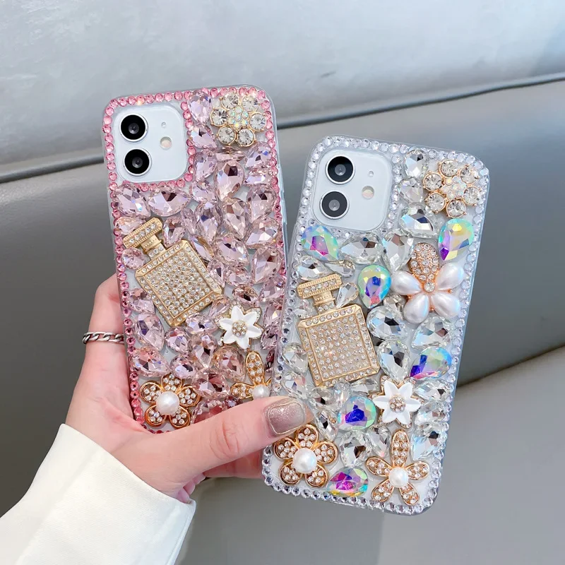 Bling 3D Perfume Bottle Rhinestone Phone Case For Iphone 16 15 14 13 12 Min 11 Pro Max  Plus Case Diamond Pumpkin Cart Cover