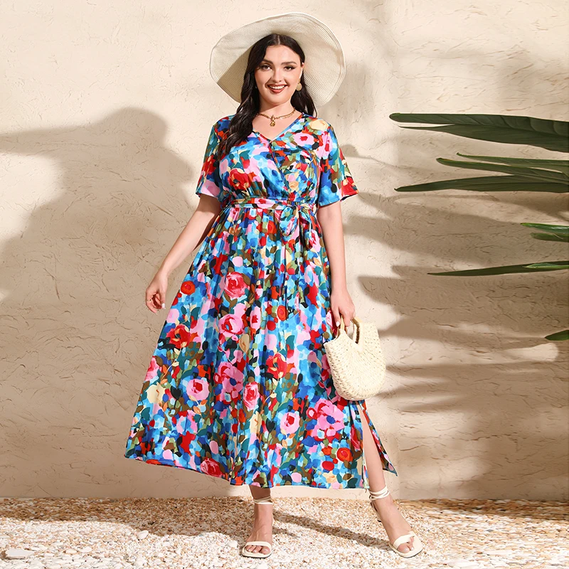 

2024 Summer Bohemian Floral Print Kaftan Women Maxi Dress Holiday Evening Party Gown Sundress Chiffon Plus Size Dresses Vestidos