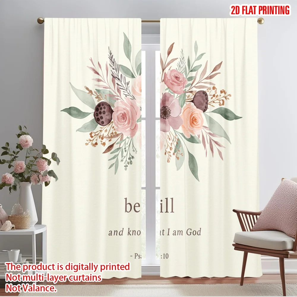 

2pcs 2D flat printing Window Drapes Floral God's Stillness Psalm 46 10 100% Polyester Fabric Without Electricity Birthday Party