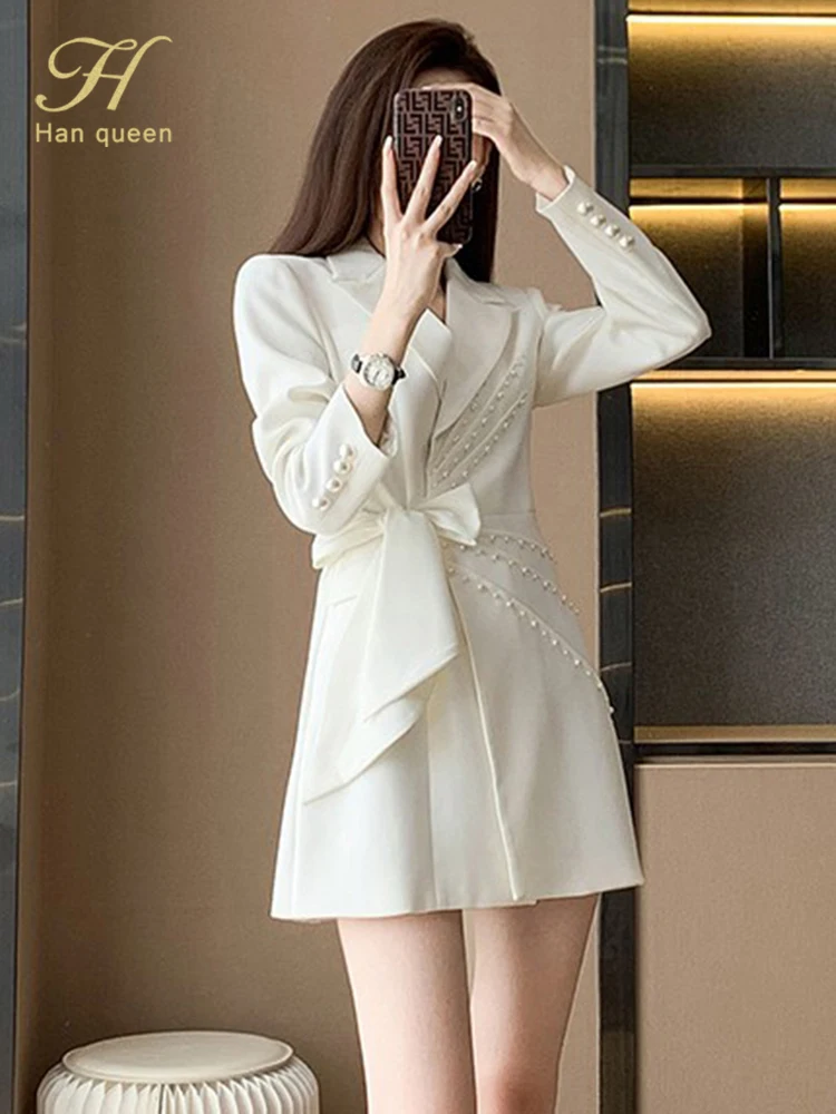 H Han Queen Korean Elegant Fashion Blazer Dress 2022 New Women Autumn Sheath Bodycon Dresses Lace-Up Bead Casual Party Vestidos