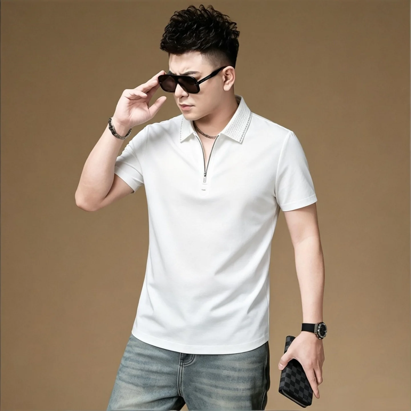 

Busin Casual Ice Silk Zipper irt Men's ort Sve Turn-down Collar Breathable Faion Slim Fit Summer Top