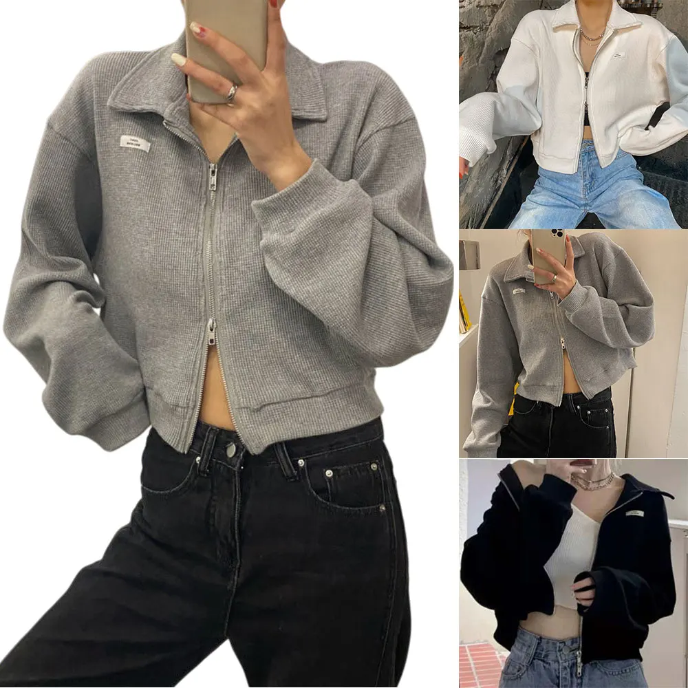 

Womens Zip Up Jacket Cropped Collared Open Front Long Sleeve Fall Cardigan Sweaters Female Coat Outfits Outerwear Streetwear