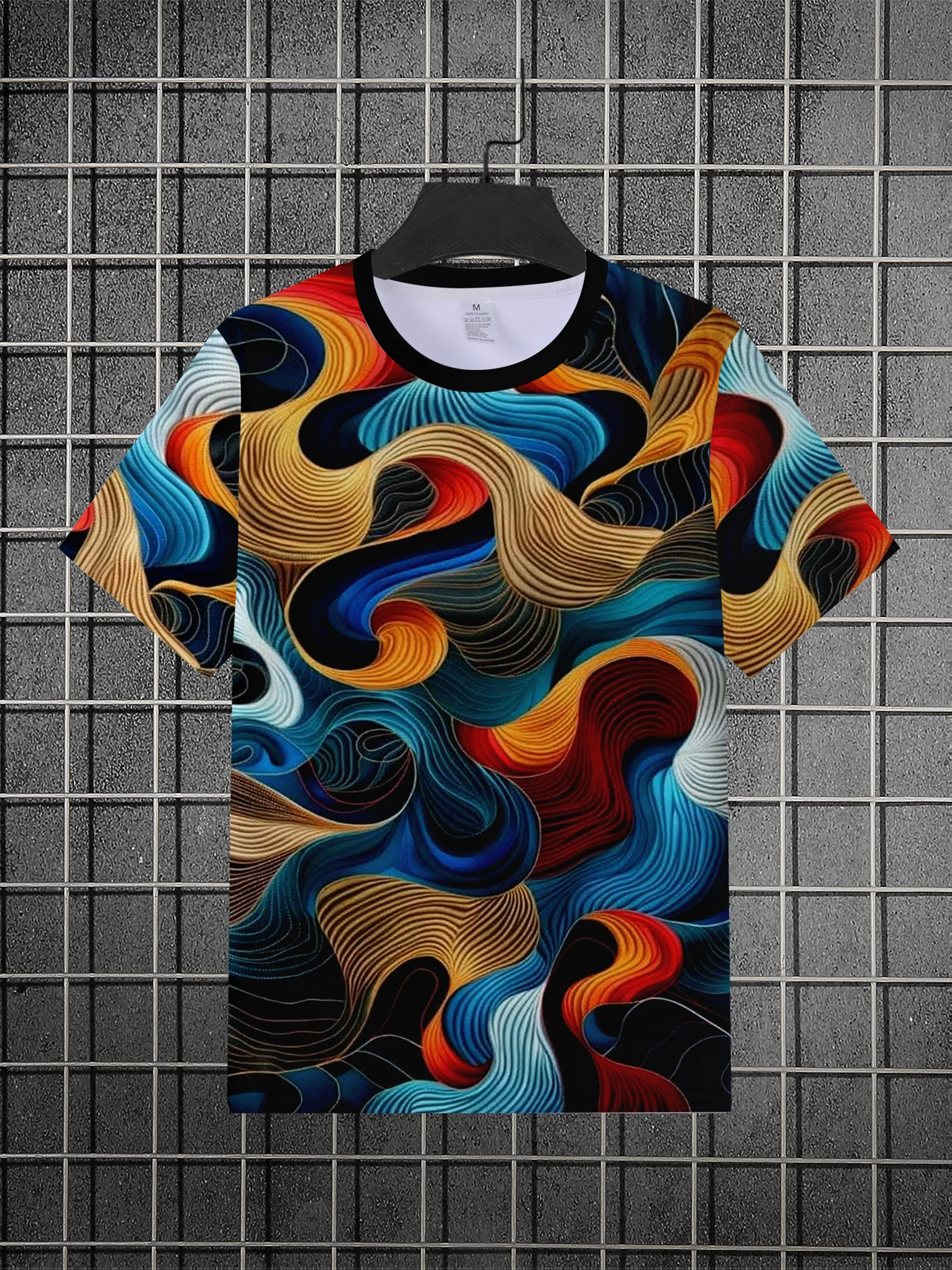 Men Multicolor Wave Line Abstract Allover Print Tee O Neck Short Sleeve Casual Top