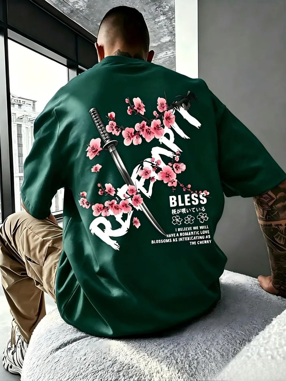 Hot selling men's summer samurai sword cherry blossom letter print soft and breathable round neck T-shirt outdoor casual top