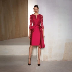 Elegant Red Cocktail Dress Custom New Satin V-Neck Lace Appliques And Knee Length Formal Prom Dress Evening Robe De Soirée Femme