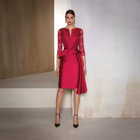 Elegant Red Cocktail Dress Custom New Satin V-Neck Lace Appliques And Knee Length Formal Prom Dress Evening Robe De Soir&eacute;e Femme