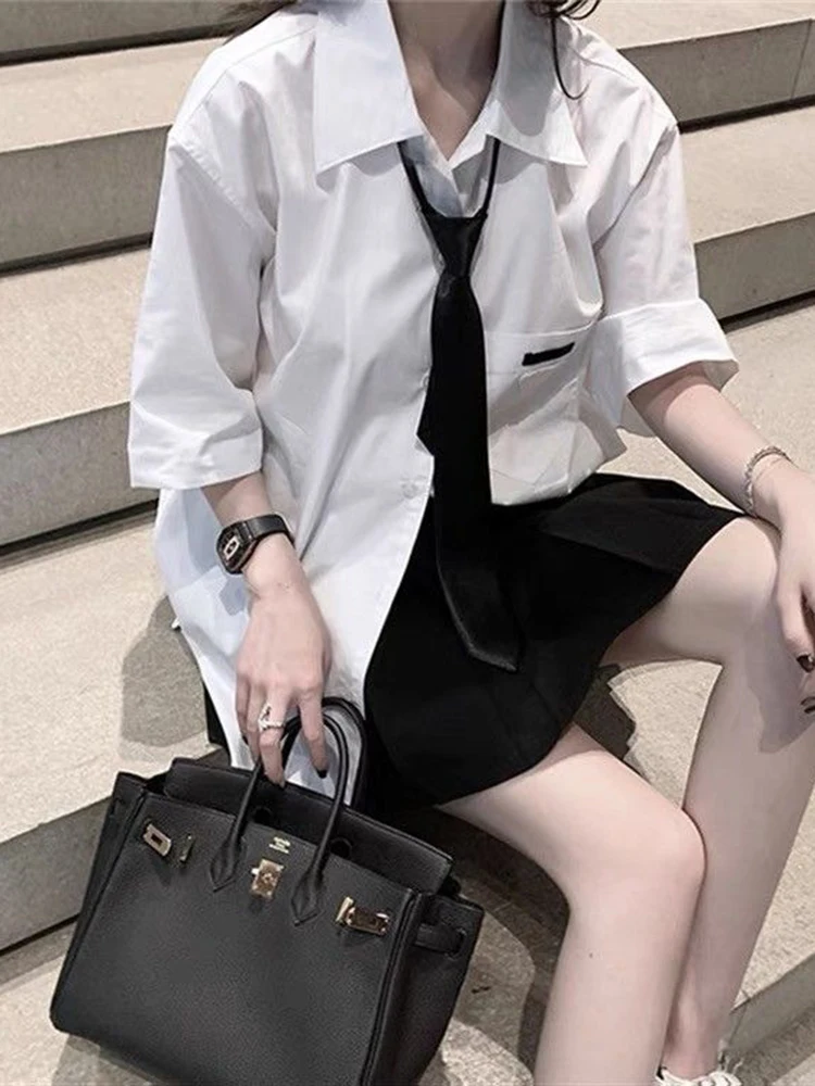 JMPRS White Preppy Style Women Shirts Fashion Tie JK Loose Student Short Sleeve Designed Button Up Tops Summer Casual Blouse