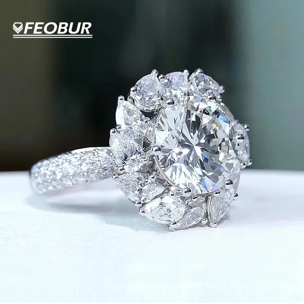 

FEOBUR Luxury Flower 3ct Moissanite Rings for Women Jewelry Gifts S925 Sterling Silver Engagement Wedding Band with Certificates