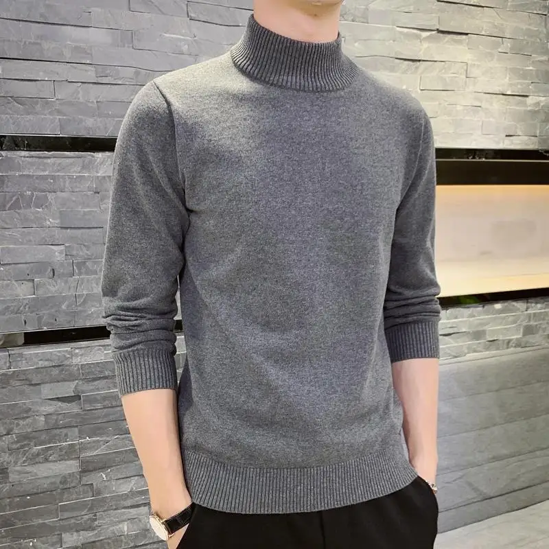 2023 Autumn and Winter Korean Casual Pullover Solid Color Simple Half High Neck Slim Fitting Long Sleeved Men\'s Knitted Sweater