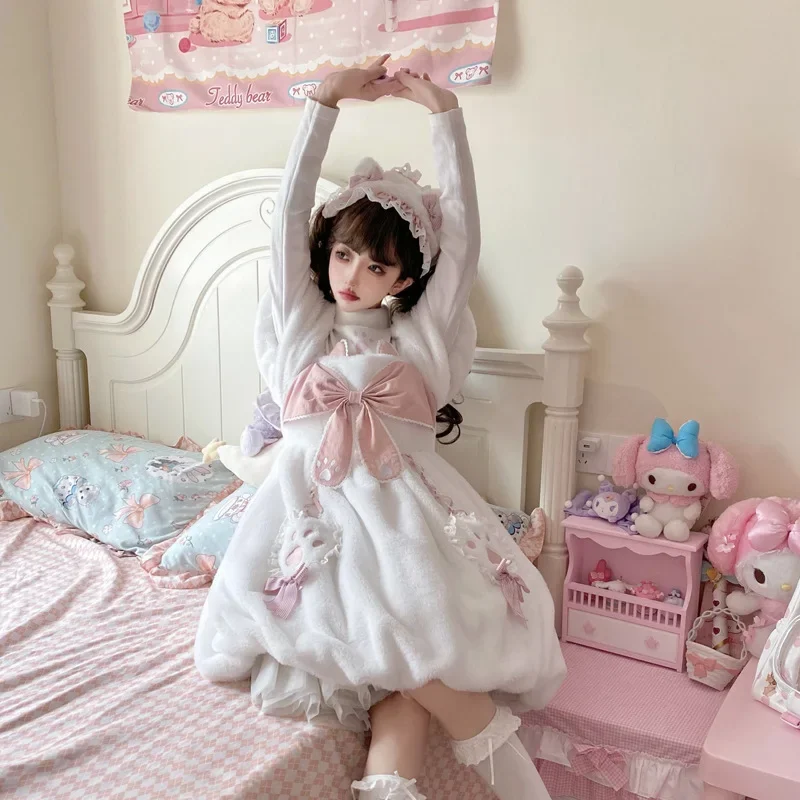 Meow Planet ~ Sweet Winter Lolita Dress Thick Warm Plush Short Sleeve Bubble Dress by Yomi 2025