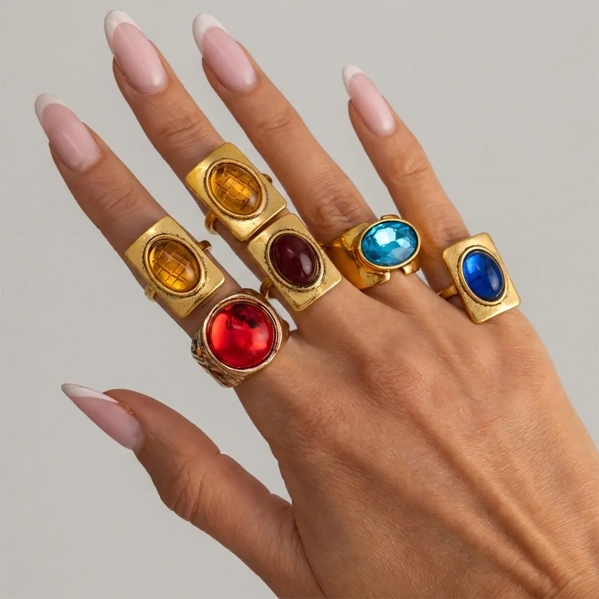 Ring Alloy French Vintage Square Geometric Faceted Gemstone Open Colorful for Women Office Premium Durable Jewelry