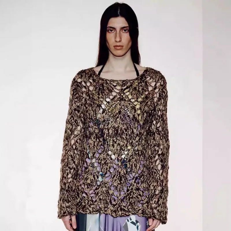 

Open Knitted Wool Sweater Hollow out Design Lazy Sle Retro Woolen Top Long Sve round Ne Commute Faion Ladies Knitwear