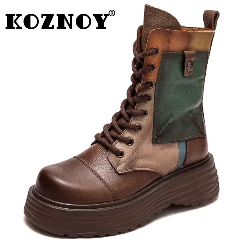 Koznoy Ankle Boots 6cm Genuine Leather Wedge Booties Ethnic Women ZIP Platform Moccasins Autumn Spring Mixed Color Fashion Shoes