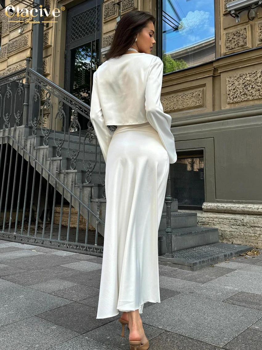 Clacive Fashion Loose White Satin Skirts Sets For Women 2 Piece 2025 Elegant Long Sleeve Crop Top With High Waist Long Skirt Set