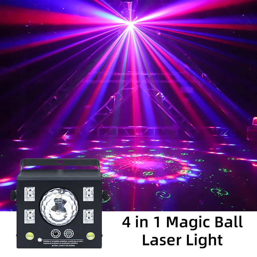 

DJ Lights 4 in 1 DJ Laser Lights Magic Ball LED Patterns Strobe Light Multi Effects Sound Activated for Stage & Party Lighting