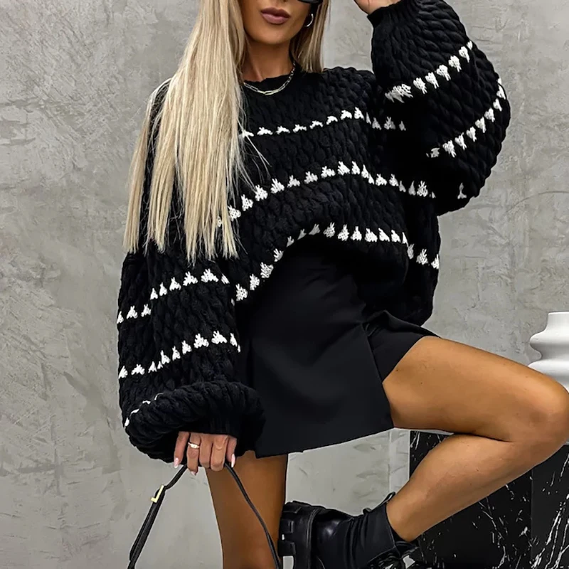 Casual Striped Printed Crochet Sweater 2024 Autumn Thick Loose Knitted Pullover Fashion Ladies O-neck Long Sleeved Sweater Tops