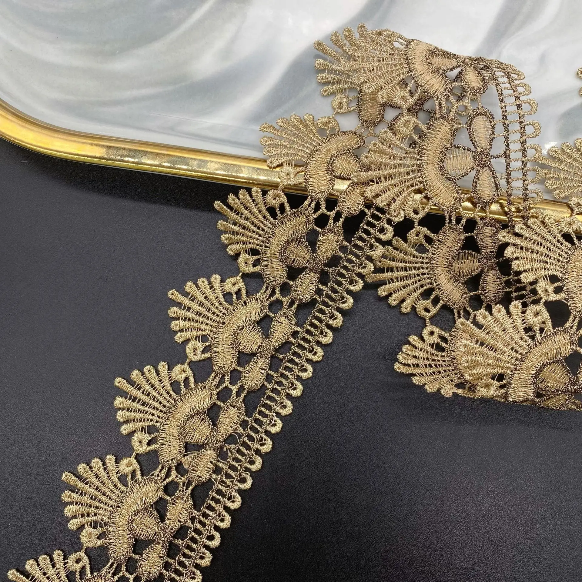 3 Yards Black Gold Embroidery Hollow Water Soluble Lace Trim, Gold Thread Barcode Lace, Sewing Garment Accessories In Stock