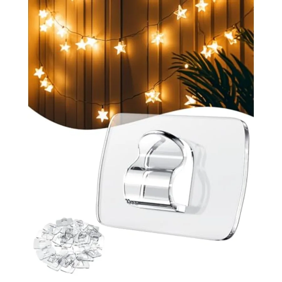 100 مشبك إضاءة صغير مع 110 شريط لاصق: خطاف حائط صغير خالٍ من الضرر الداخلي للتعليق على الشماعات البلاستيكية الشفافة بدون إضاءة