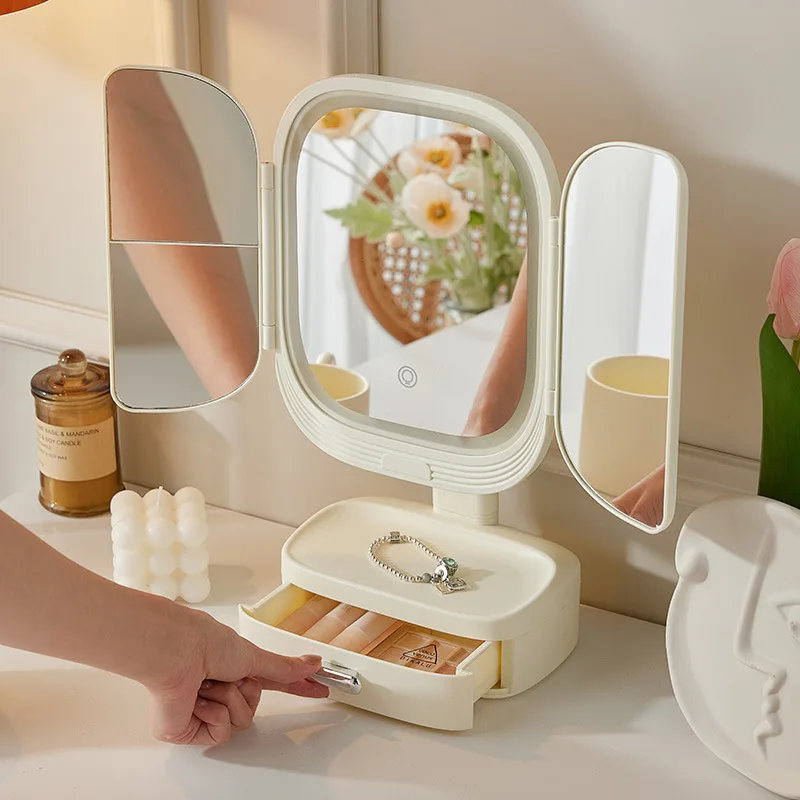 Desktop Dresser Magnifying Glass LED Makeup with Storage Box Lamp Table Tabletop Rotatable Multifunctional Bedroom Beauty Mirror