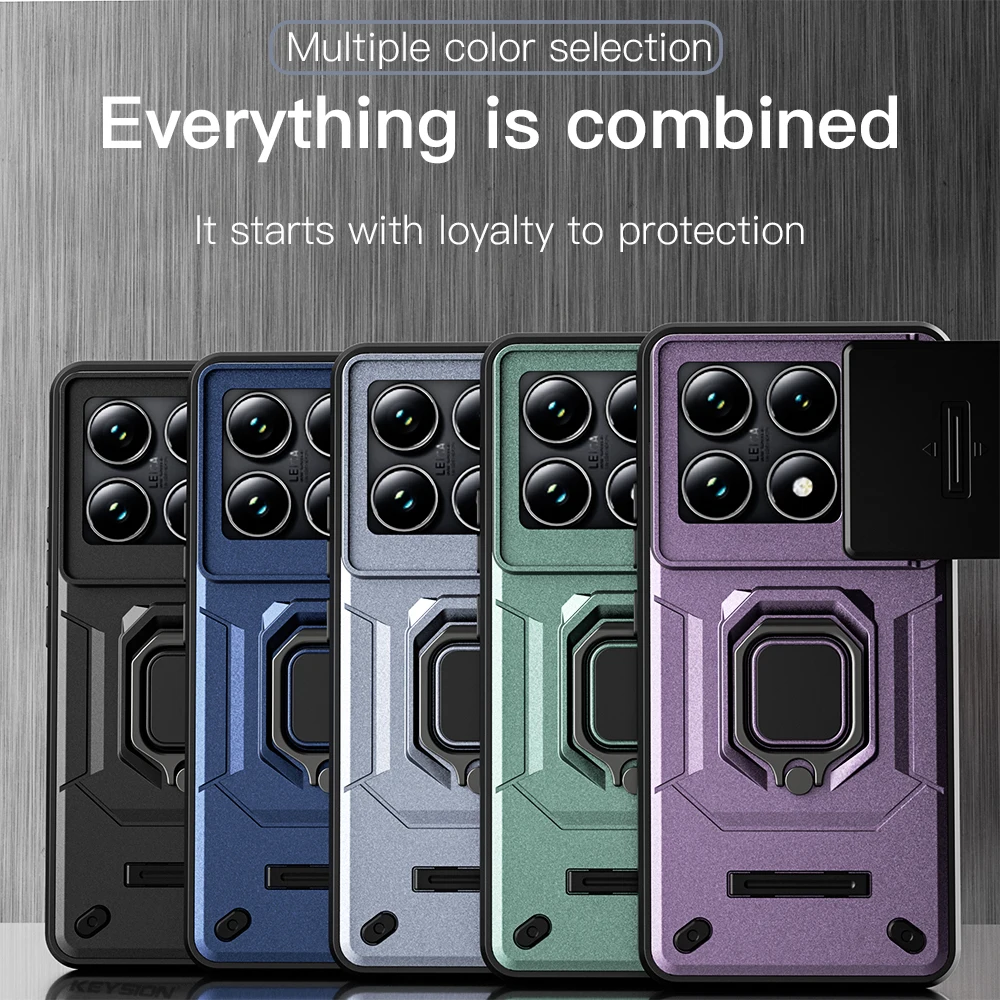 KEYSION Shockproof Armor Case for Xiaomi 14T Pro 5G Slide Camera Protection Ring Stand Phone Back Cover for Xiaomi 14TPro 14T 5G